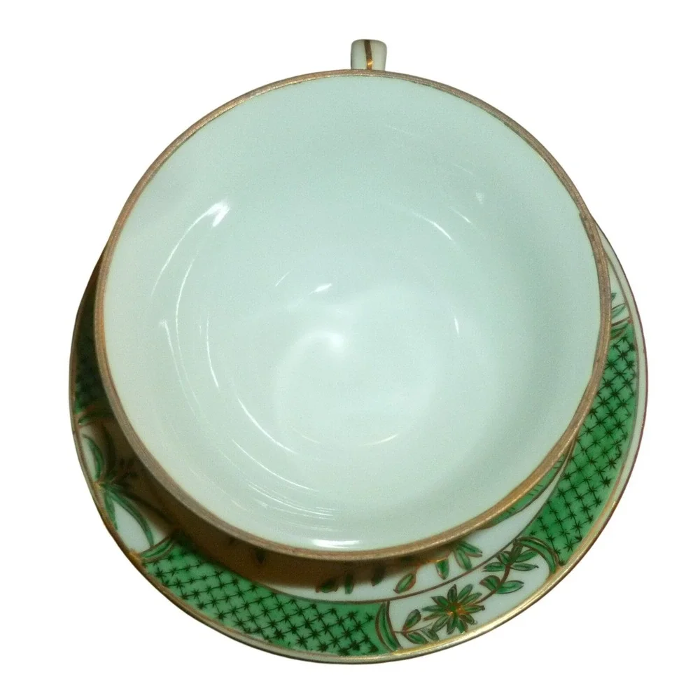 Vintage Chinese Famille Verte Style Teacup & Saucer Green Phoenix Bird Gold Gilt
